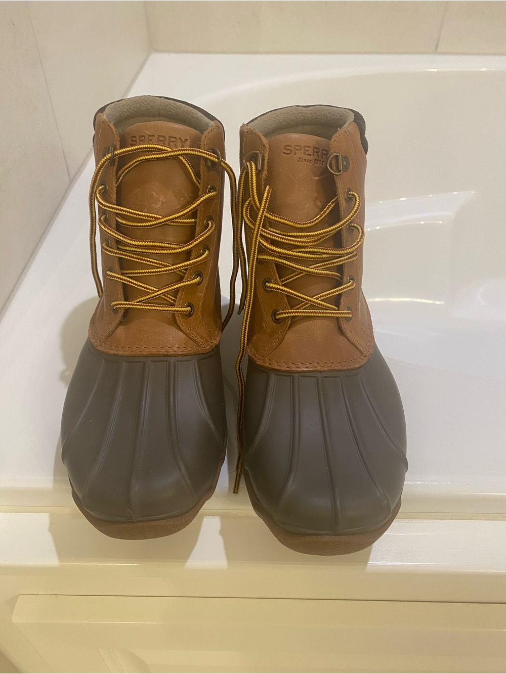 Sperry Tan Leather and Dark Gray Rubber Duck Boots